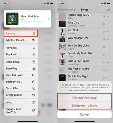 remove downloaded songs from apple music iphone