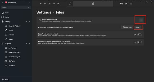 reset apple music on wins