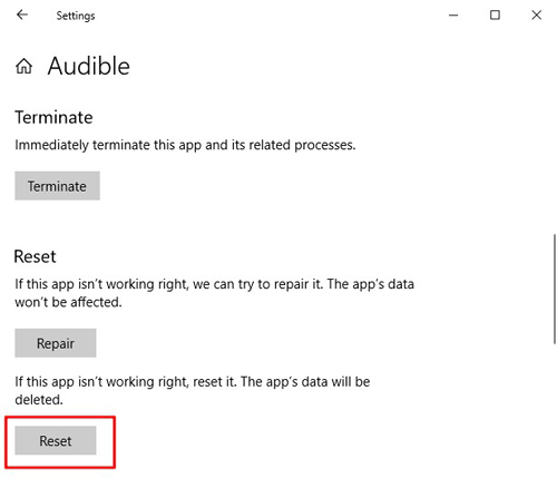 reset audible on windows
