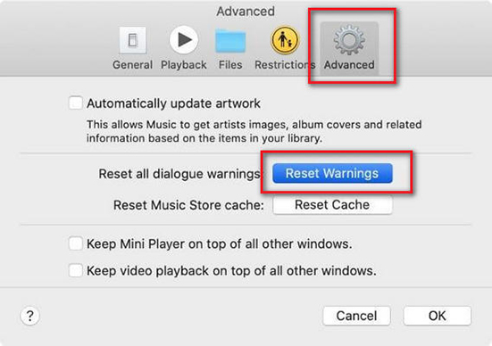 reset system warning on itunes