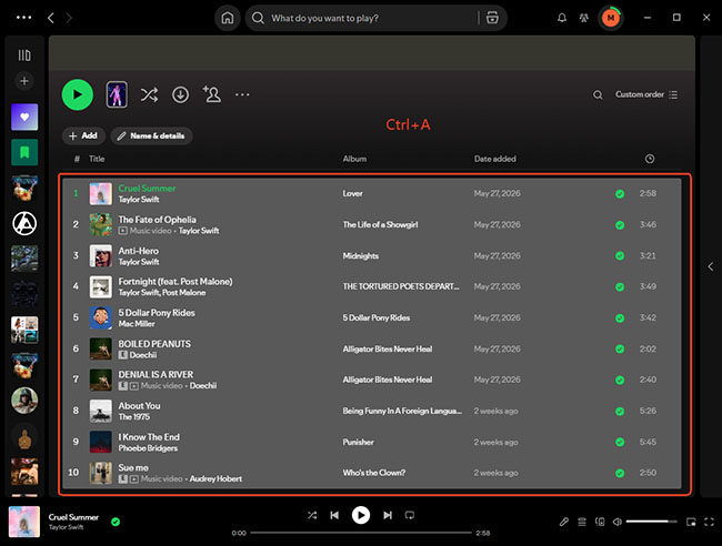 select all songs in spotify playlist on computer