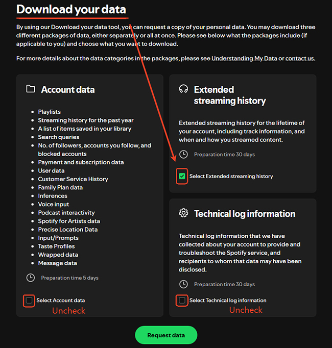 select extended streaming history in spotify privacy