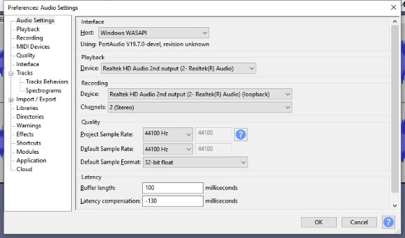 select windwos wasapi in audacity