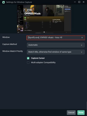 settings for window capture on streamlabs