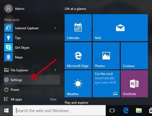 settings in windows start menu
