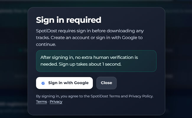 sing in with a google account or create an account in spotidost