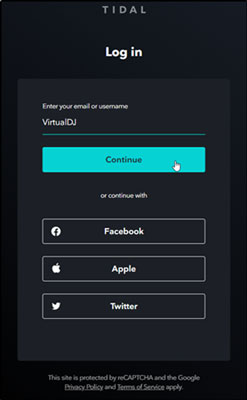 log in to tidal account in virtual dj
