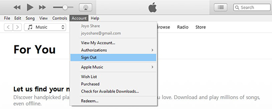 sign out apple music pc