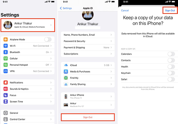 sign out apple account on iphone
