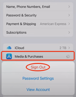 sign out apple account under media and purchases