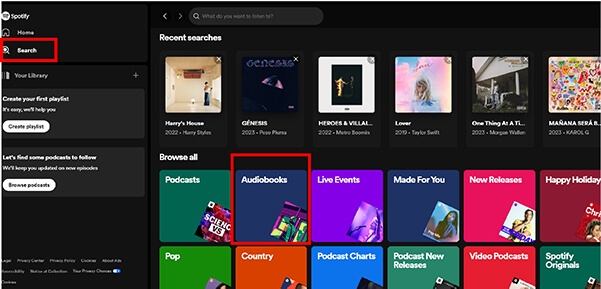 find spotify audiobooks via tab