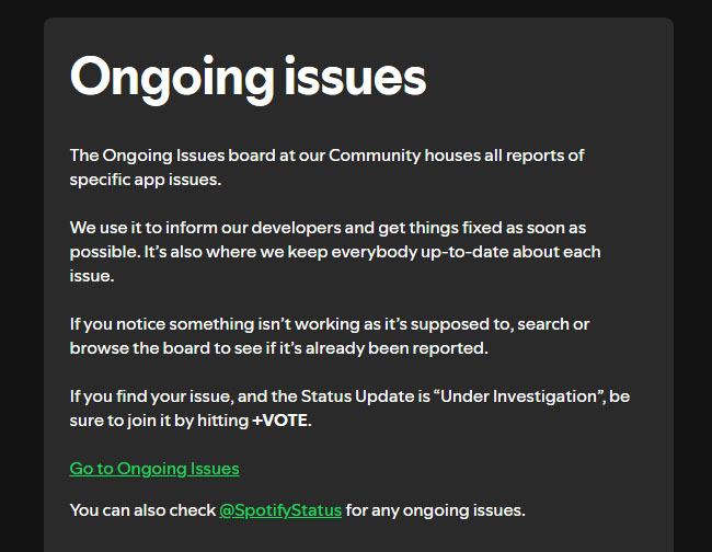 check spotify ongoing issues board