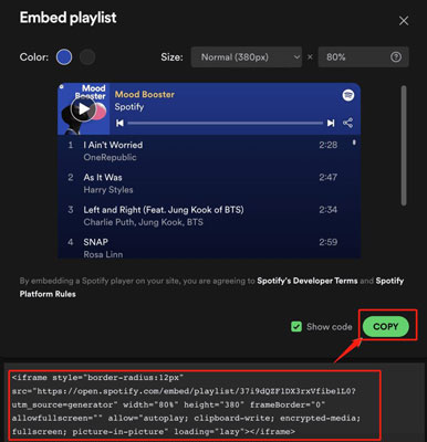 spotify playlist embed code copy