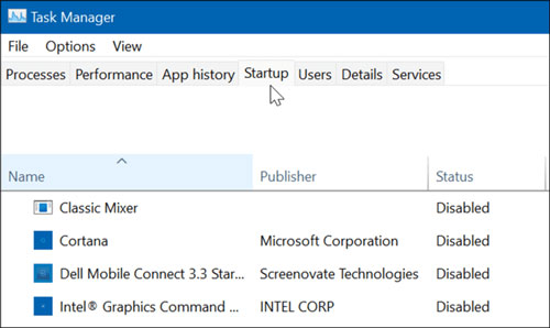startup on task manager windows