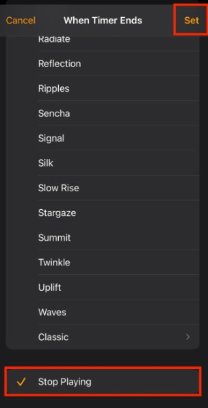 set the stop playing feature on timer for tidal