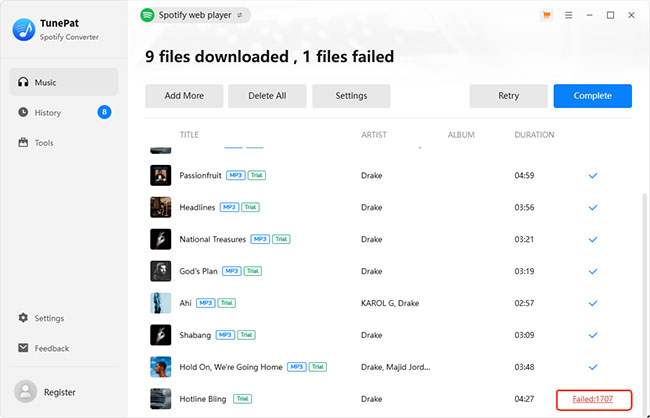 tunepat spotify converter conversion failed