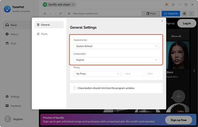 tunepat spotify converter general settings