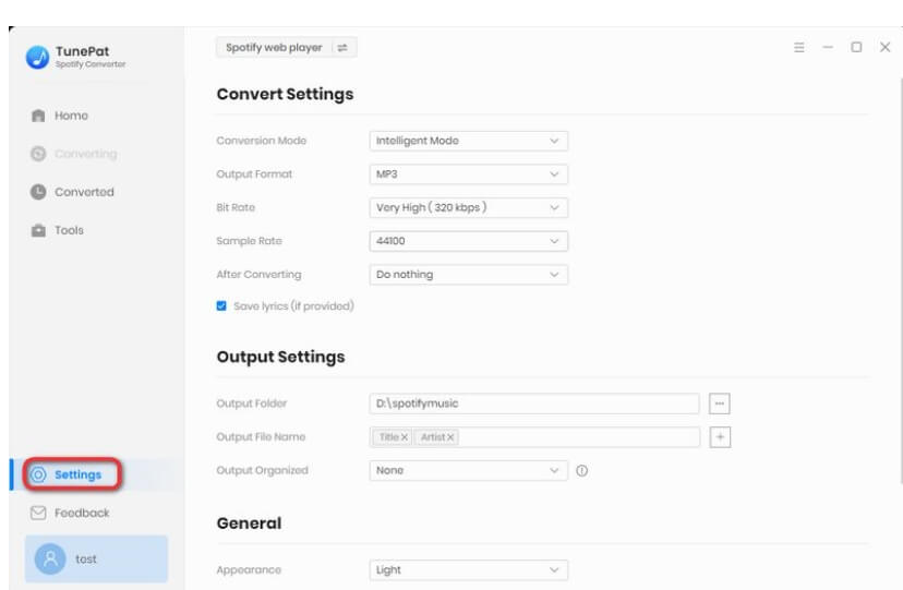 tunepat spotify converter settings
