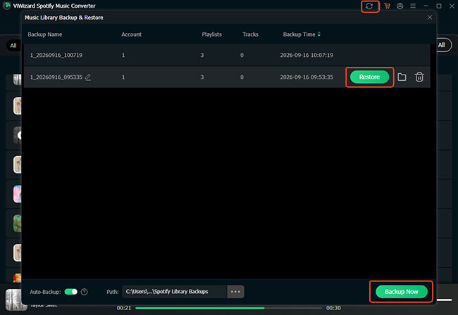 viwizard spotify music converter backup and restore option