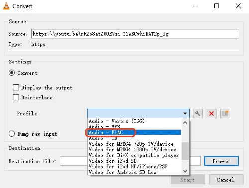 convert youtube to flac via vlc media player