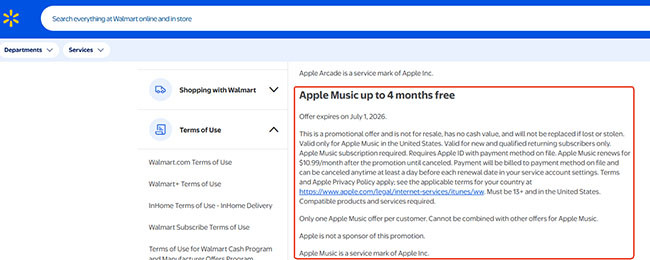 walkmart free apple music