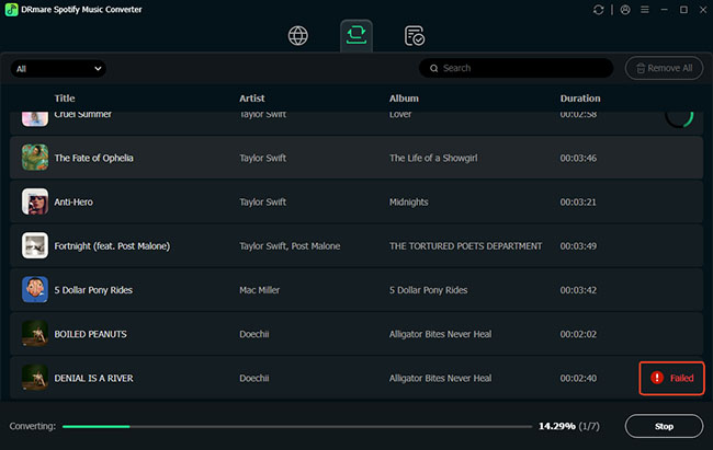 failed to convert spotify