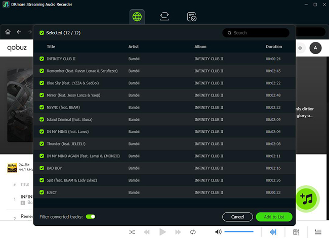 select music for conversion