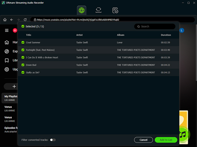 add youtube music playlists to download