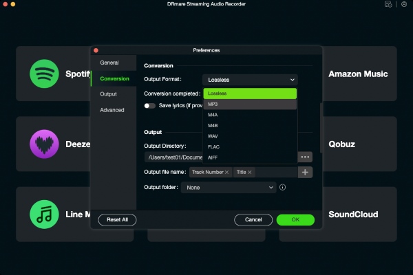 select parameters of amazon music for mac