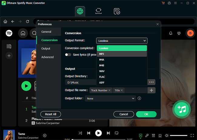 set spotify output format